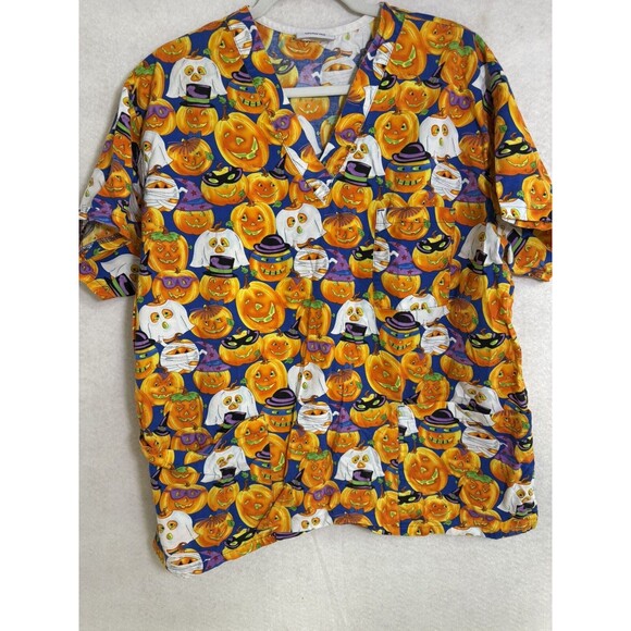 Peaches  uniforms Halloween pumpkin jack o lantern Scrub Top Size Xl - Picture 1 of 8